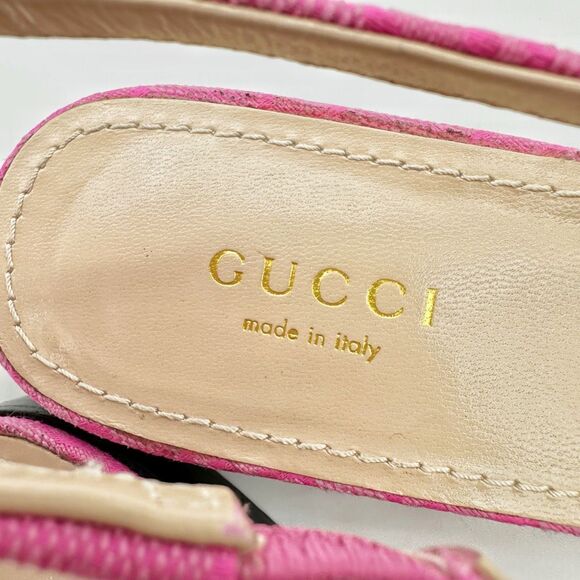 GUCCI Erin Horsebit Pointed Toe Slingback Flat Size 37 Pink GG Guccissima - Picture 12 of 13